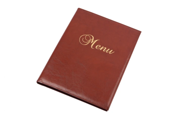 TECZKA MENU A4 Z WEWNĘTRZNYMI ŚRUBAMI EKOSKÓRA JASNY BRĄZ